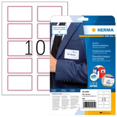 Namensetiketten 80 x 50 mm Acetatseide weiss roten Streifen 200 Etik
