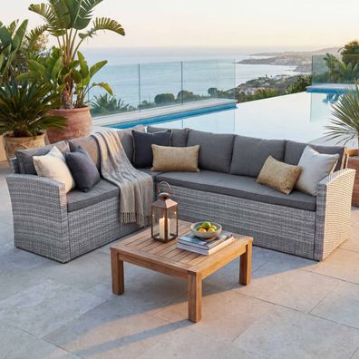 Poly-Rattan Sofa-Garnitur HWC-A29, zwei 3er-Sofas Gartengarnitur hellgrau Kissen grau