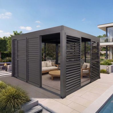 Aluminium Pergola HWC-L46 mit Lamellenpaneel, Schiebetüren, 11cm-Gestell, 3x4m