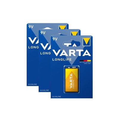 3x VARTA LongLife 6LR61 Alkaline Batterie 9 Volt E-Block MN1604 4122 9V