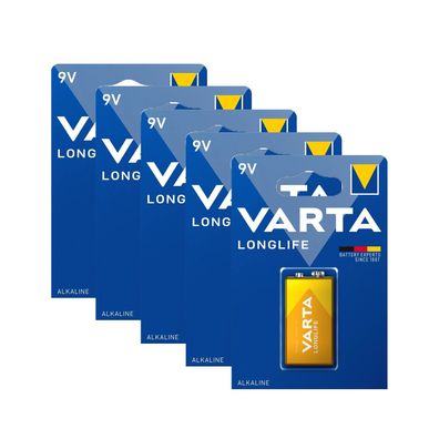 5x VARTA LongLife 6LR61 Alkaline Batterie 9 Volt E-Block MN1604 4122 9V