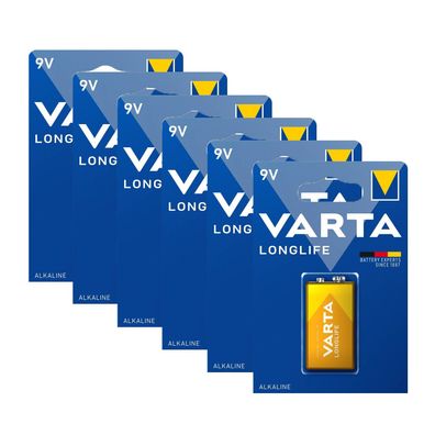 6x VARTA LongLife 6LR61 Alkaline Batterie 9 Volt E-Block MN1604 4122 9V