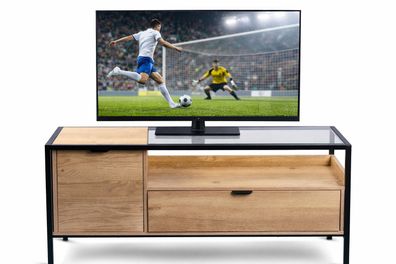 TV-Lowboard 120cm Fernsehschrank mdf Eiche dekor Sicherheitsglas #4510