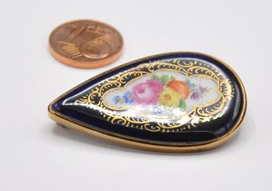 Brosche Tropfen Porzellan Meissen handgemalt Kobald Blau Schwerter 585 Gold