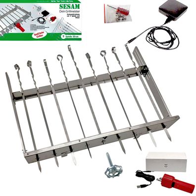 Schaschlik Spießdreher Edelstahl Sesam für 9 Spieße Motor Powerbank USB Spieße