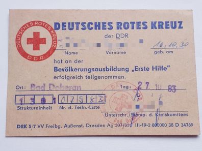 DDR DRK Ausweis Bevölkerungsausbildung Erste Hilfe Bad Doberan 1983