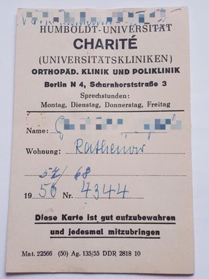 DDR Charite Uniklinik Berlin Patientenausweis/-karte 1956