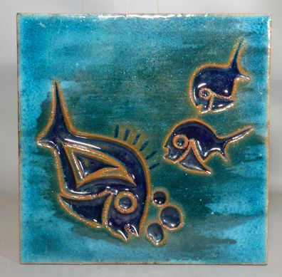 Ulmer Kramik Wandfliese AUfhänger 3 Fisch Ton Design 70er Space-Age Retro Vintage