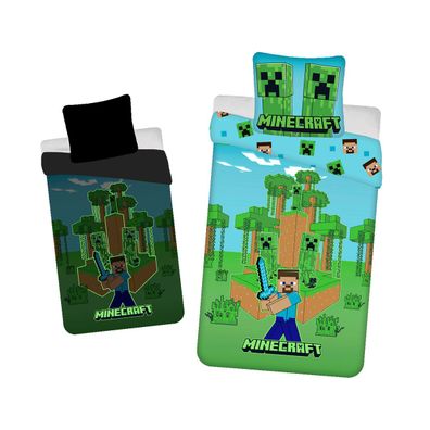 Minecraft Baumwoll Bettwäsche Set 140x200 cm mit Leuchteffekt für Kinder, Reißvers