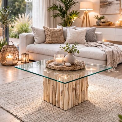 Teak Couchtisch NICO Natural inkl. Glasplatte ca. 70x70cm Wohnzimmertisch Tisch