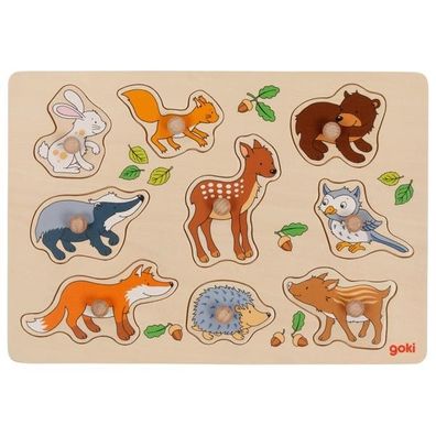 Steckpuzzle Waldtiere Reh, Eule, Fuchs, Dachs, Hase Puzzle goki Holzpuzzle 57387