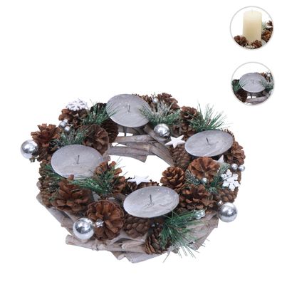 Adventskranz HWC-M15, Adventsgesteck Tischkranz Weihnachtsdeko, Holz silber Ø 32cm