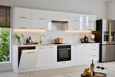 Küchenzeile Emma 340 cm DW MDF Weiß Hochglanz- Küche 3,4m, mit Arbeitsplatte