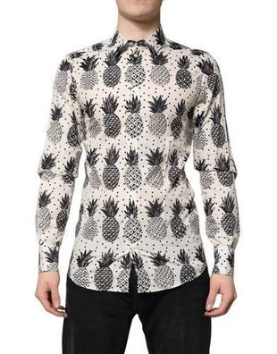 Dolce & Gabbana White Pineapple Print Long Sleeve GOLD Shirt
