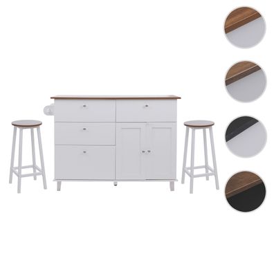 Kücheninsel HWC-P62 mit 2 Sitzhockern, Schublade Staufächer MDF 90x131x47cm