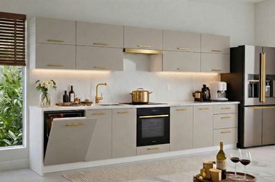 Küchenzeile Emma 340 cm DW Kaschmir Matt- Küche, Küchenblock 3,4m, mit Arbeitsplatte