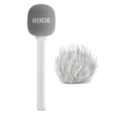 Rode Handadapter Interview GO Weiss mit Fell-Windschutz