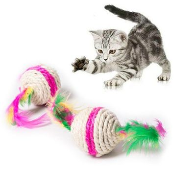 3 x Katze Kätzchen Spielball mit Federn aus Sisal Kratzen Ball Spielzeug