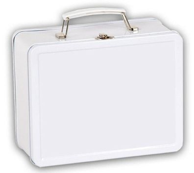 Geschenkbox aus Metall im Kofferstil weiß mit Tragegriff und Metallschließe