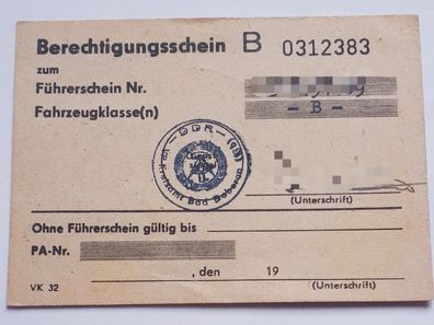 DDR Berechtigungsschein B Stempelkarte zum Führerschein