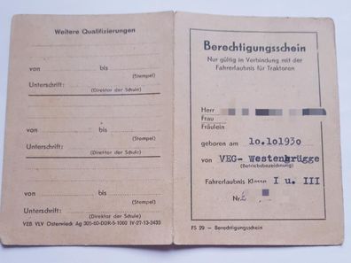 DDR Berechtigungsschein MTS-Ravensberg Lehrgang Mähdrescher 1963