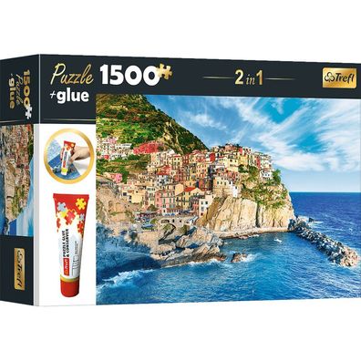 TREFL 2in1 Puzzleset Manarola, Ligurien, Italien 1500 Teile mit Kleber