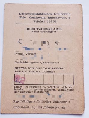 DDR Benutzerkarte Universitätsbibliothek Greifswald