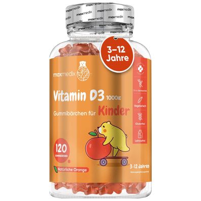 Vitamin D3 Kinder Gummibärchen - Für Knochen - 120 Orangen Fruchtgummies - maxmedix