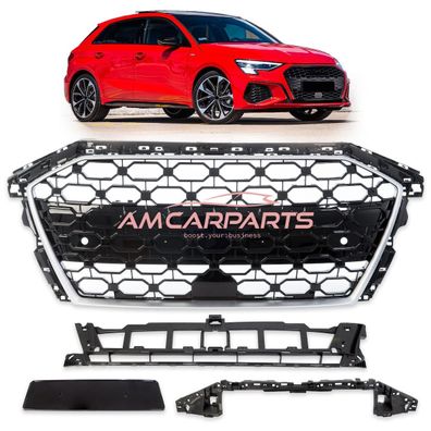 Upgrade Sportgrill / Kühlergrill für Audi A3 8Y 20+ Hochglanz Schwarz / Matt Silber