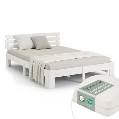 Doppelbett mit Matratze und Lattenrost 140x200 Bett Weiß Kiefer Massiv Bettgestell