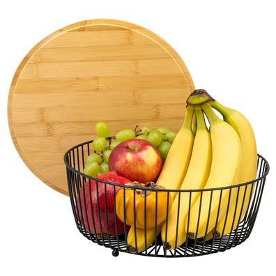eluno Obstkorb - Brotkorb mit Bambusdeckel, runde Obstschale aus Metall, schwarz