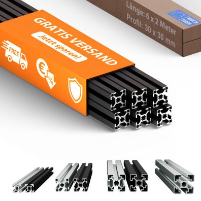Konstruktionsprofil 30x30 Nut 8 Set 6 Stück 2 Meter Aluminium Alu Profil schwarz