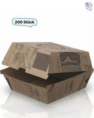 Hamburger-Box Wellpappe, 200 Stück, to go, take away, Newspaper- Designe, recyclebar,