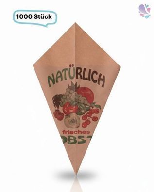 Obstspitztüten aus braunem Natronmischpapier – gefädelt, mit Obstmotiv, 1,0 kg oder 1