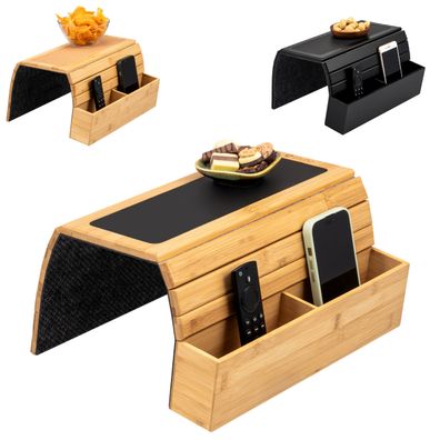 eluno Sofatablett aus Bambus mit Silikonablage und seitlichen Fächern