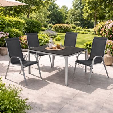 Gartengarnitur 5tlg Gartenmöbel Set Alu Non-Wood 150x90cm + 4 Stapelstühle