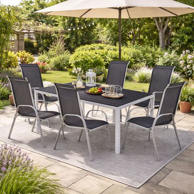 Gartengarnitur 7tlg Gartenmöbel Set Alu Non-Wood 150x90cm + 6 Stapelstühlen