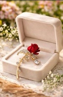 Vintage Emaille Brosche rote Rose mit Strasssteinen