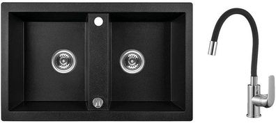 SET Küchenarmatur & Granitspüle 2-Becken Barbados Schwarz 48x78 | Siphon im SET!