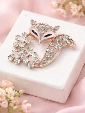 Vintage Emaille Brosche Fuchs mit Strasssteinen