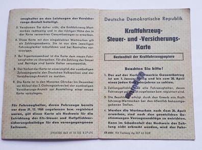 DDR KFZ Steuer- und Versicherungskarte Ausstellungsjahr 1966