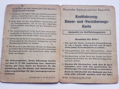 DDR KFZ Steuer- und Versicherungskarte Ausstellungsjahr 1965