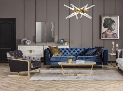 Modernes Wohnzimmer Set aus Textil in Blau-Grau