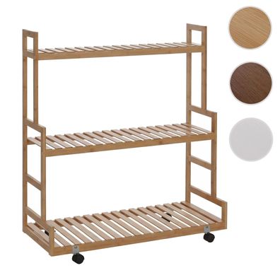 Bambus Pflanzenregal HWC-Q33, Blumentreppe, 3 Ablagen Rollen 105x90x38cm