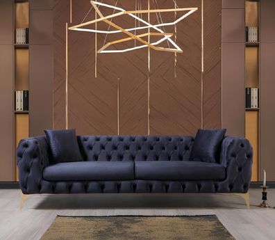 Chesterfield Dreisitzer Edelstahlfüße Luxus Sofa Blau Designermöbel Neu