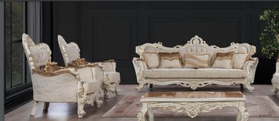 Sofa Sofas Sessel Sitz Sofagarnitur 3 + 1 + 1 Sitzer Garnitur Set Stoff Barock Stil