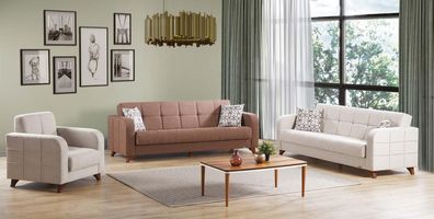 Luxus Sofagarnitur Dreisitzer 3 + 3 + 1 Sitz Stoff Sofa Textil Stil Sessel Sofa Sitz