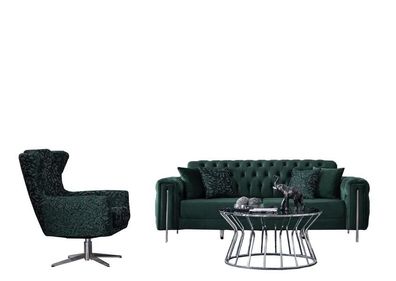 Sofa 3 sitzer mit Sessel Grün Chesterfield Couchgarnitur Wohnzimmer