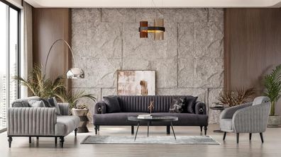 Elegante Sofagarnitur 3 + 3 + 1 Sitzer Luxuriöse Wohnlandschaft Stil Komfort Grau