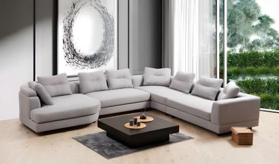 U-Form Wohnzimmer Ecksofa L-Form Modern Design Stil Textil Material Weiß